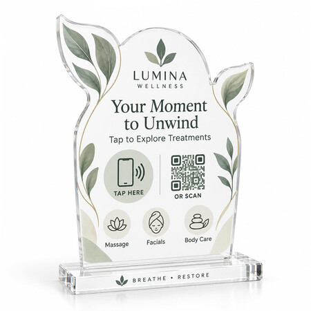 Custom-shaped clear acrylic NFC stand for spa and wellness services with tap and scan access options.