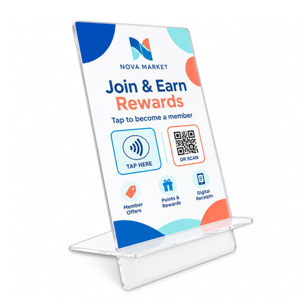 Clear acrylic NFC countertop stand promoting retail membership rewards with tap and QR code options.