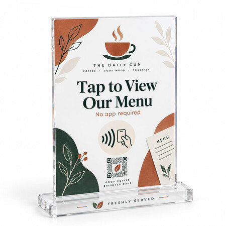 Custom clear acrylic NFC menu stand with café branding, tap icon, QR code and transparent base.