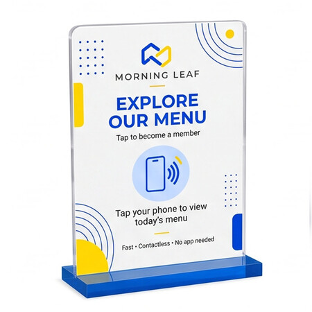 Modern acrylic NFC menu display with blue and yellow UV-printed graphics on a colored slot-in base.