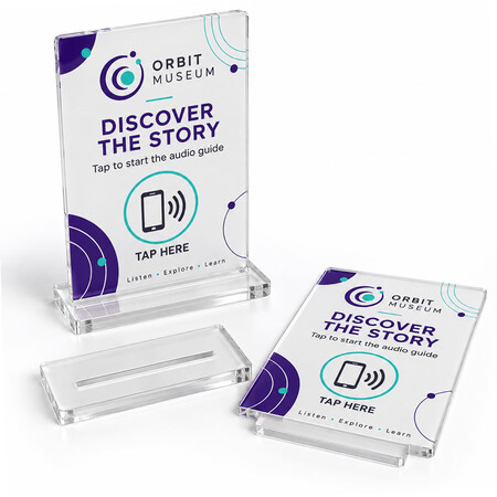 Two-piece acrylic NFC display stand shown assembled and separated into a printed upright panel and slotted base.