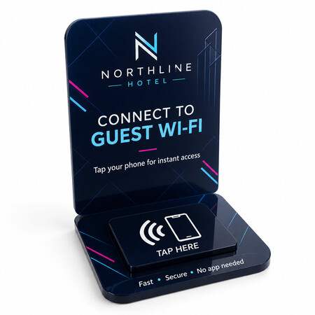 Dark blue custom acrylic NFC hotel stand for guest Wi-Fi access with a raised tap area.
