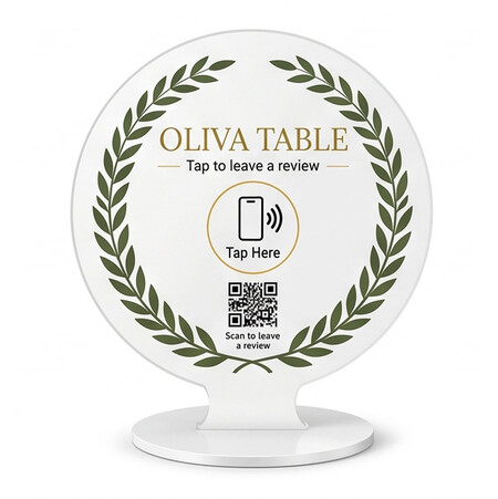 Round custom-shaped acrylic NFC review stand with printed tap icon, QR code and circular base.