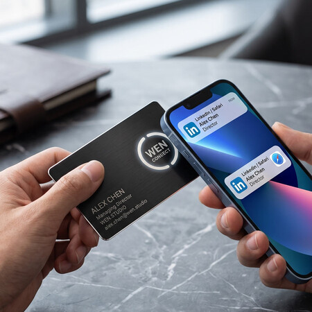 Thẻ liên hệ NFC đen được chạm bằng smartphone để mở hồ sơ liên hệ kỹ thuật số chuyên nghiệp.