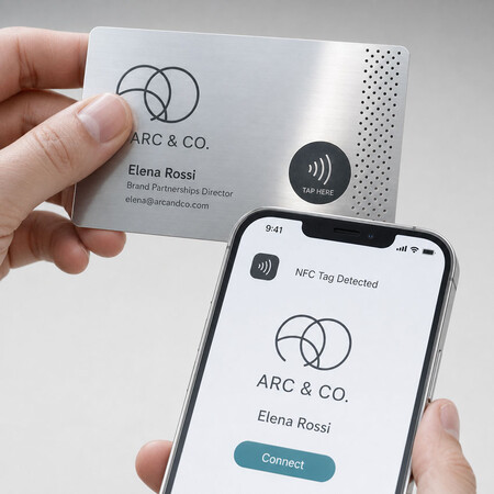 Thẻ NFC kim loại bạc tùy chỉnh được chạm bằng smartphone để mở hồ sơ liên hệ kỹ thuật số ARC & CO.