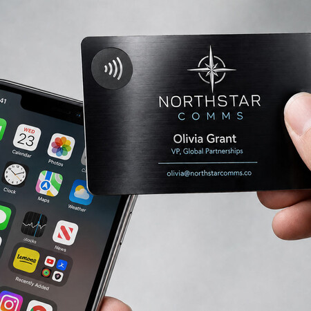 Thẻ NFC bằng thép không gỉ đen được cầm gần iPhone để minh họa việc chạm để chia sẻ thông tin liên lạc.