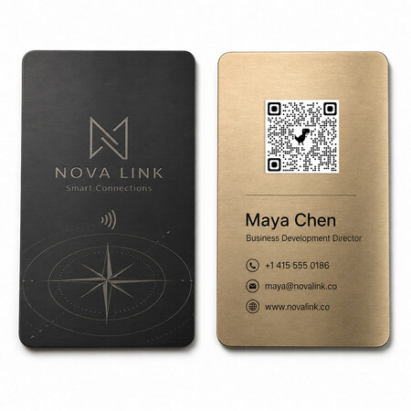 Hình ảnh mặt trước và mặt sau của thẻ tên NFC kim loại đen và vàng champagne với in ấn tùy chỉnh và mã QR.