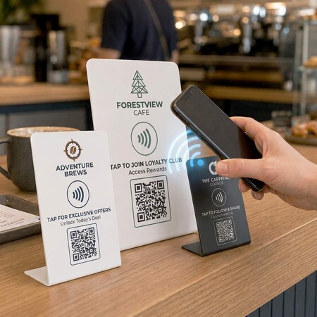 カフェのカウンターでカスタムNFCテーブルスタンドにスマートフォンをタップする顧客