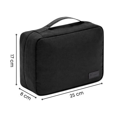Recycled rPET hanging makeup organizer with dimensions 25 cm by 17 cm by 8 cm and structured travel design.