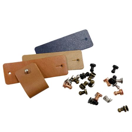 Leather Crochet Tags & Rivet Knitting Labels - custom blank leather knitting tags with metal rivets