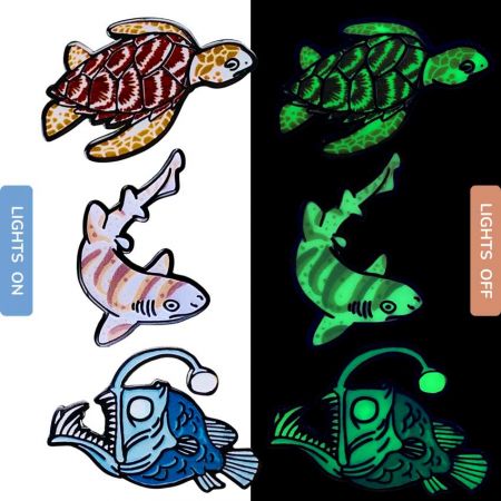 Custom Pins with Glow in the Dark & UV Printing - custom made pins of UV printed pins with glow in the dark