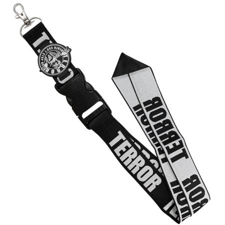 PVC logo lanyard in black and white woven lanyard