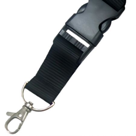 carabiner hook connected to short strap lanyard and release buckle