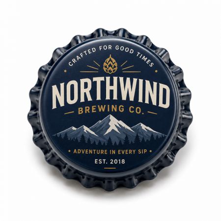 Pin de tapa de botella impresa personalizada para la marca de cervecerías con un diseño de logo inspirado en la cerveza vintage, ideal para marcas de bebidas, cervecerías artesanales, eventos promocionales y mercancía de marca.