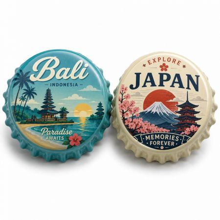 Insignias de tapa de botella personalizadas con diseños de viaje a Bali y Japón, ideales para souvenirs turísticos, mercancía de destino, museos, tiendas de regalos y branding promocional.