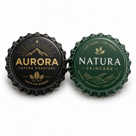 Pins de insignia de tapa de botella personalizados con impresión de logo de marca premium para café, cosméticos, marcas minoristas y mercancía promocional corporativa con impresión offset a todo color vibrante.