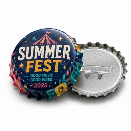 Pin de botón de tapa de botella personalizada para festivales y eventos con impresión a todo color colorida y respaldo de pin de seguridad, perfecto para conciertos, festivales de música, campañas promocionales y souvenirs de eventos.