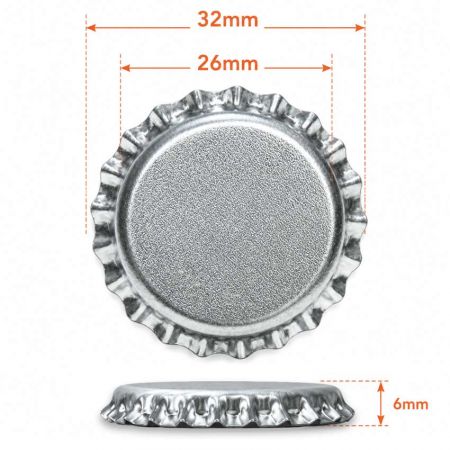 Guía de tamaño de pin de tapa de botella que muestra 32 mm de diámetro exterior, 26 mm de diámetro interior y 6 mm de grosor para pins de tapa de botella de hojalata impresos personalizados.