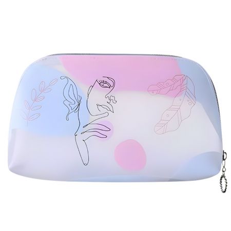 Frosted semi-transparent amenity pouch featuring floral and abstract graphic print with “Enjoy the little things” text
