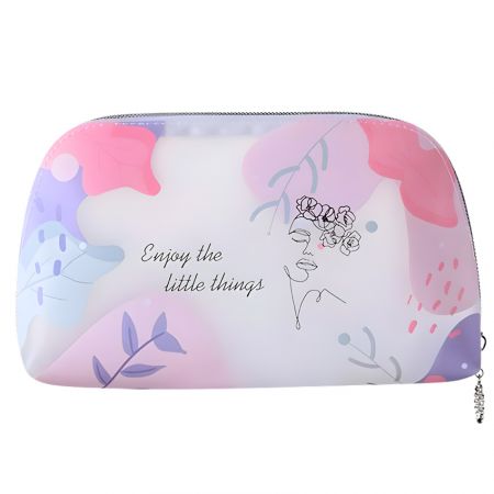 See through vanity bag with soft gradient background and continuous line-art female figure design