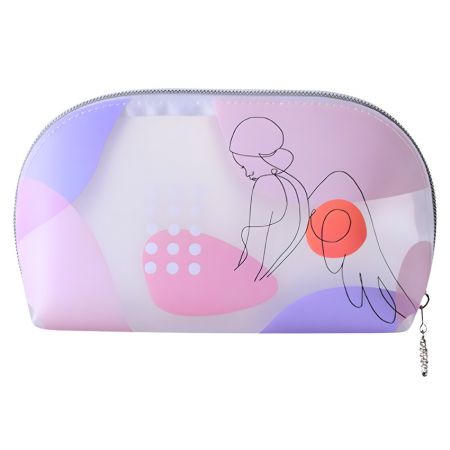 Pastel semi-transparent toiletry bag with abstract shapes and handwritten-style “Enjoy the little things” graphic