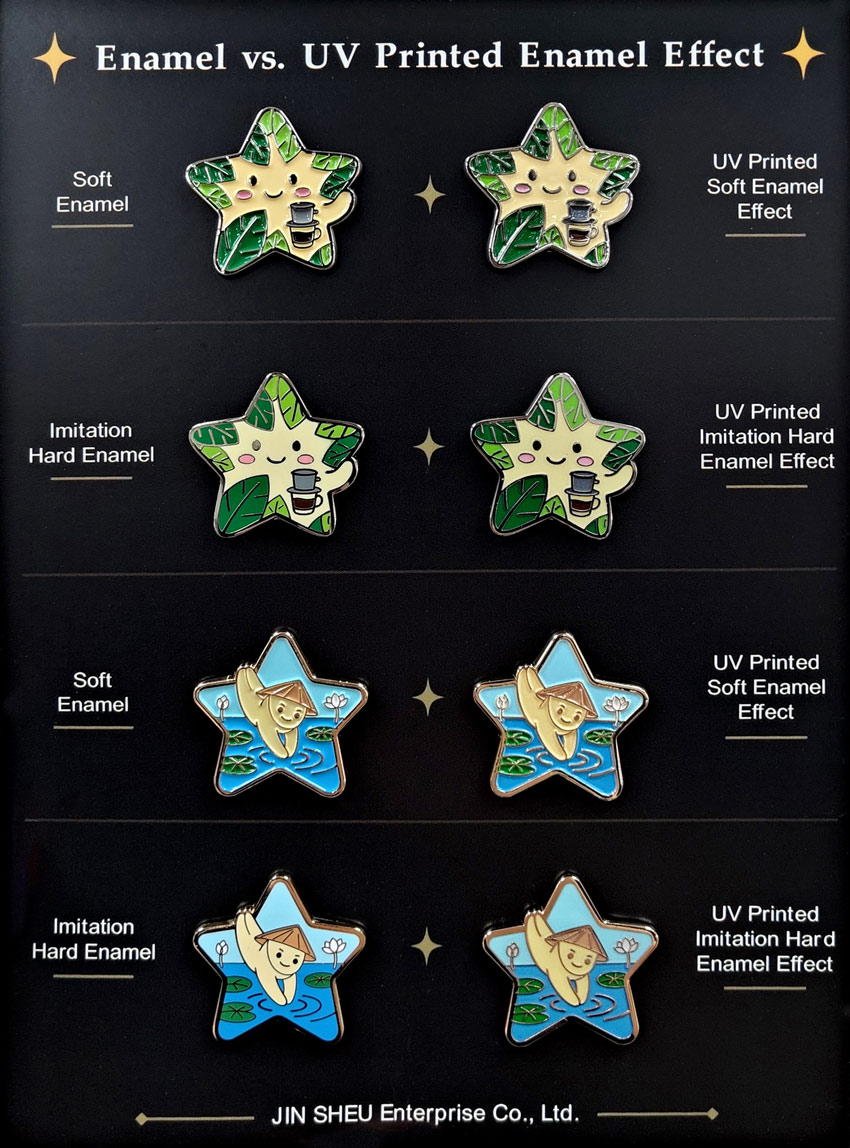 Side-by-side sample card comparing traditional soft enamel and imitation hard enamel with UV printed enamel effects on custom metal pins.