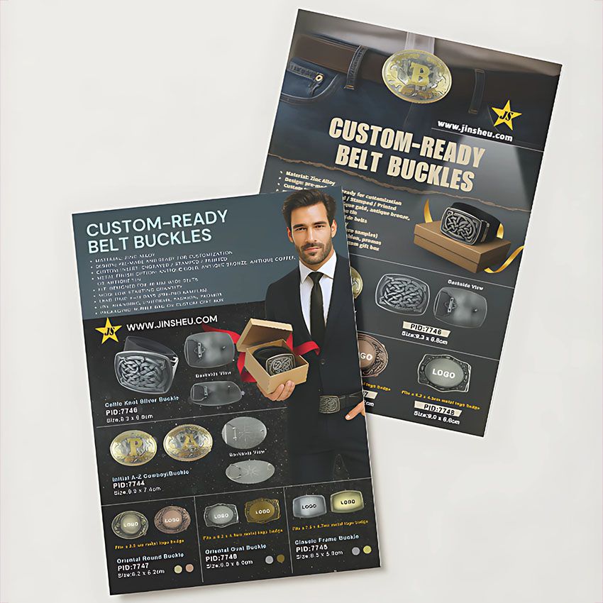 Jin Sheu의 아연 합금 디자인, 포장 및 개인화 옵션을 보여주는 맞춤형 벨트 버클 전단지.