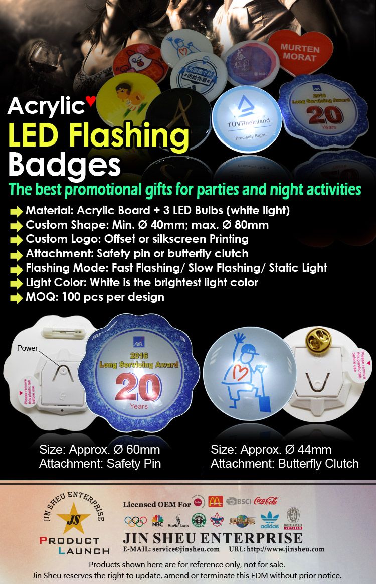 Badges clignotants en acrylique LED