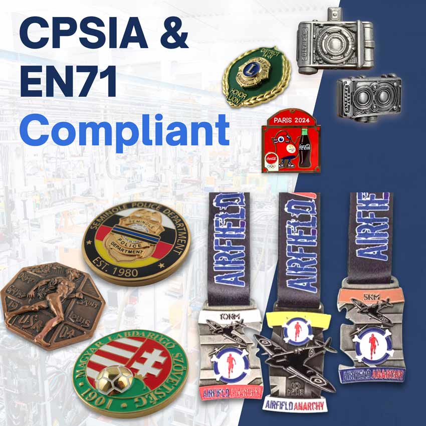 CPSIA and EN71 compliant promotional metal products including custom logo lapel pins, custom coins, and commemorative medals