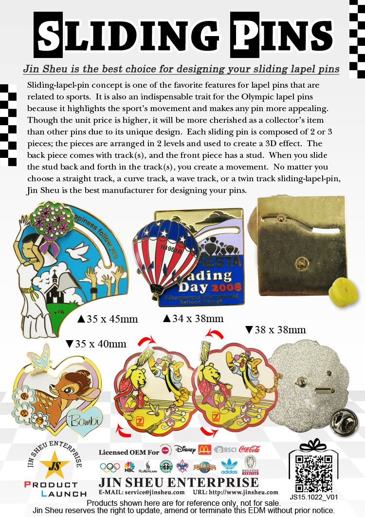 Jin Sheu is the best choice for designing your sliding pin badges.