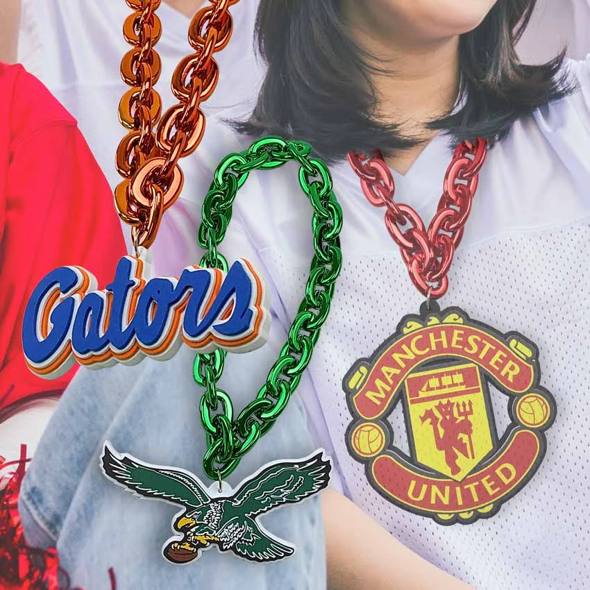 People wearing a novelty EVA foam chain necklace at a sports event, showcasing bold promotional accessory.