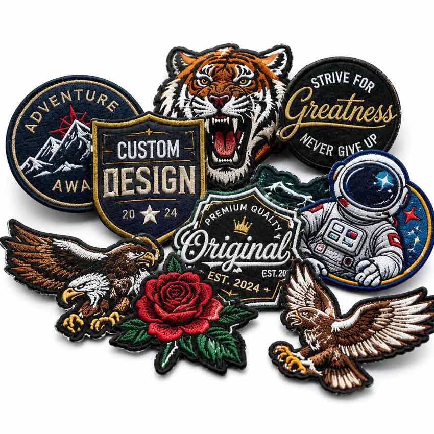 Collezione di toppe ricamate personalizzate con design di distintivi ricamati premium, tra cui un tigre, un astronauta, una montagna, aquile, una rosa, una toppa motivazionale e un emblema scudo.
