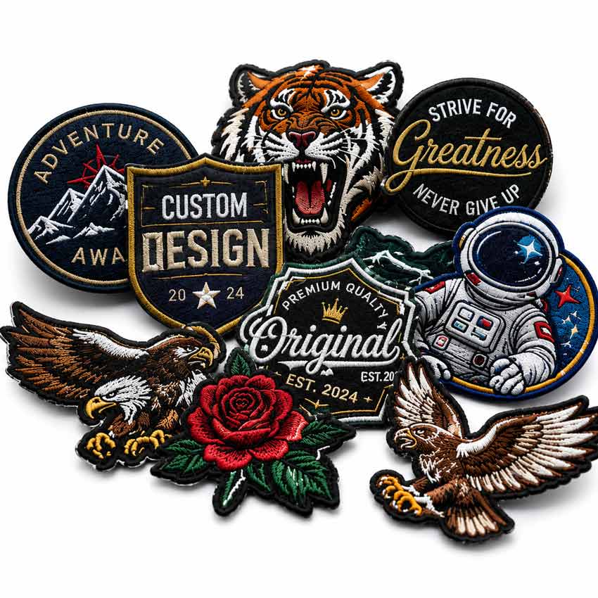Coleção de patches bordados personalizados com designs de distintivos bordados premium, incluindo um tigre, astronauta, montanha, águias, rosa, patch motivacional e emblema de escudo.
