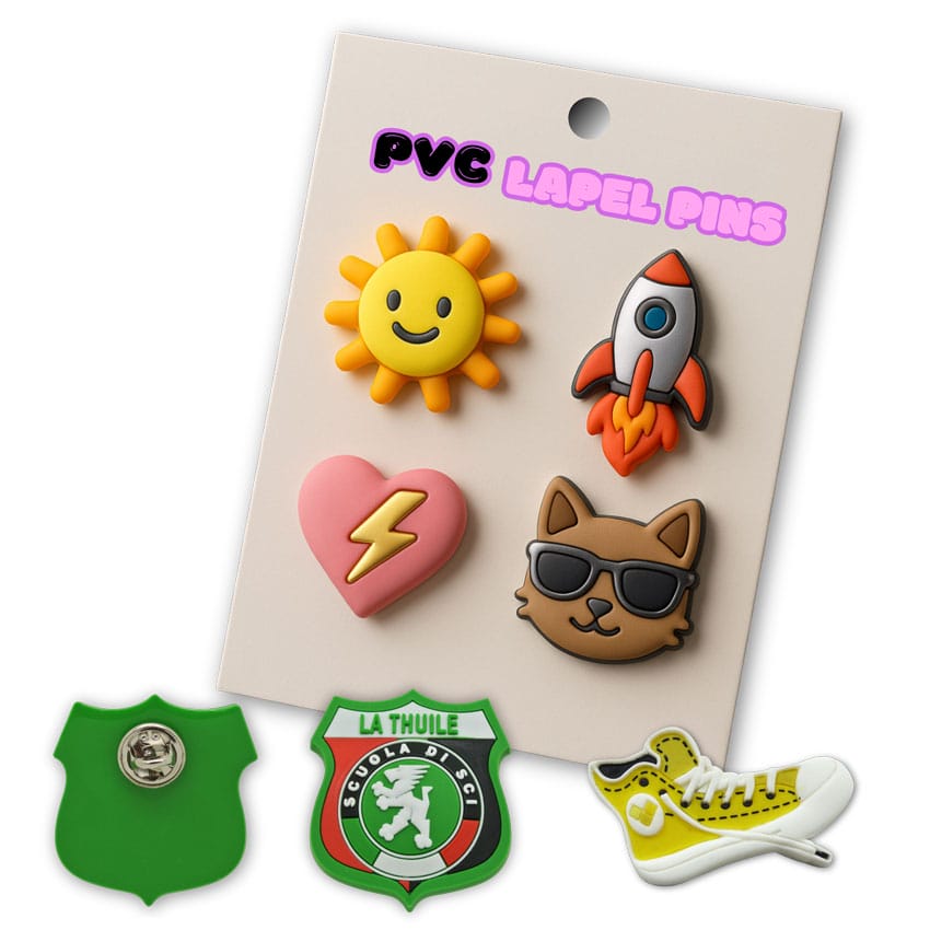 Custom rubber PVC Lapel Pins on paper backer card with clutch backing