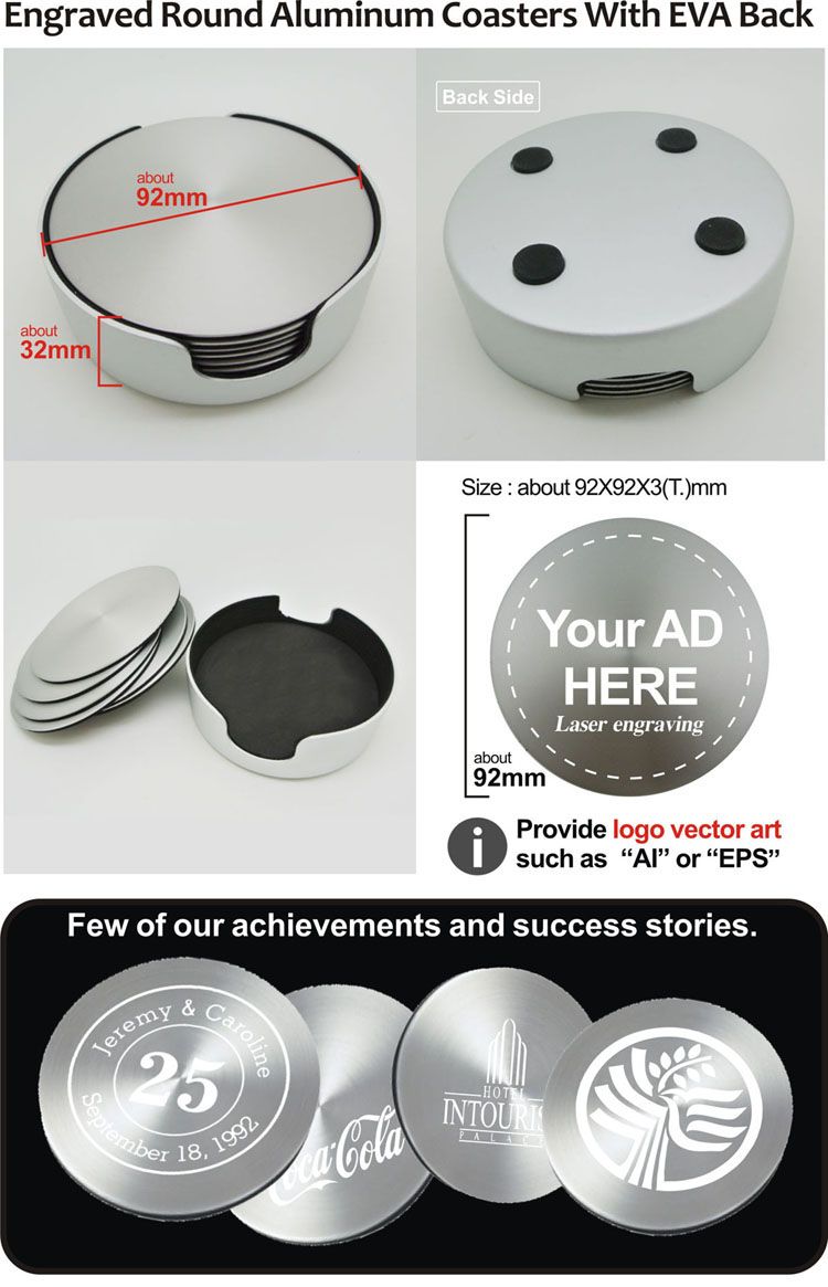 Personalized Engraved Round Aluminum Coasters With EVA PAD - Metal