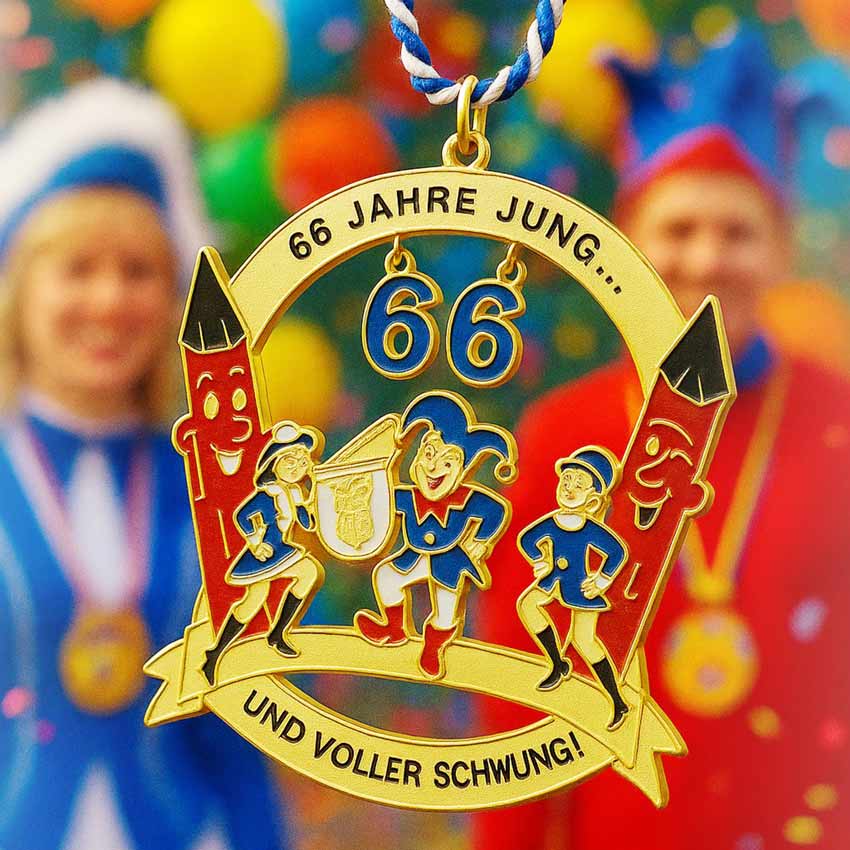 Una medaglia da carnevale in smalto color oro con il testo "66 Jahre Jung ... MIT VIEL ELAN UND VOLLER SCHWUNG!"