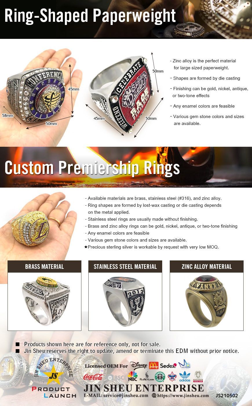 Customized Sports Ring Paperweights for Your Favorite Team. They can be personalized in brass, stainless steel, zinc alloy or even in sterling silver. Jin Sheu's team of experts is here to help you with the perfect design.