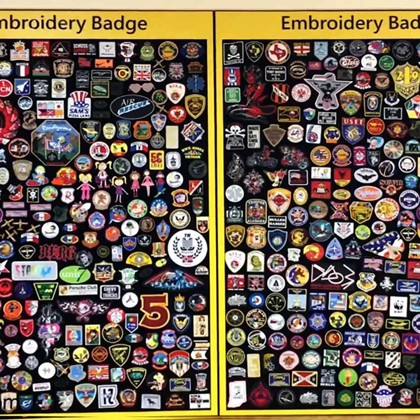 A wall of iron on embroidered patches