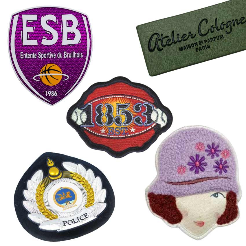 different varieties of custom patches, including embroidery, woven, TPU, silicone, chenill, etc.