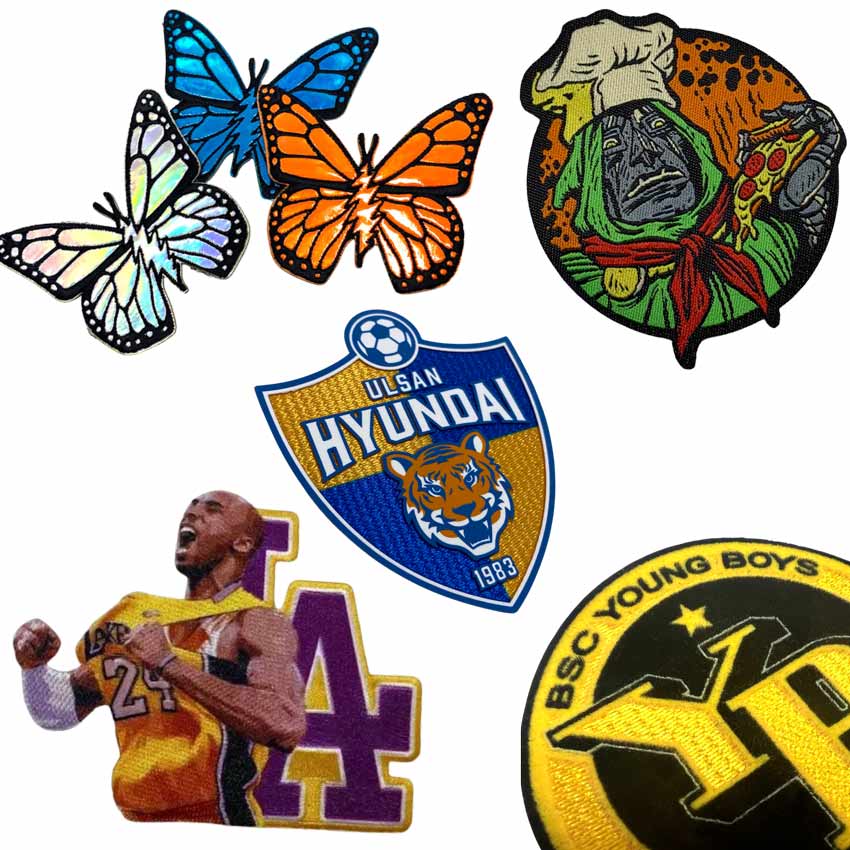 different varieties of custom patches, including embroidery, woven, TPU, silicone, chenill, etc.
