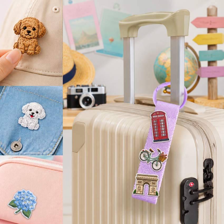 Mini embroidered patches applied to caps, denim apparel, cosmetic pouches, and custom luggage tags, demonstrating decorative and branding applications for promotional products.