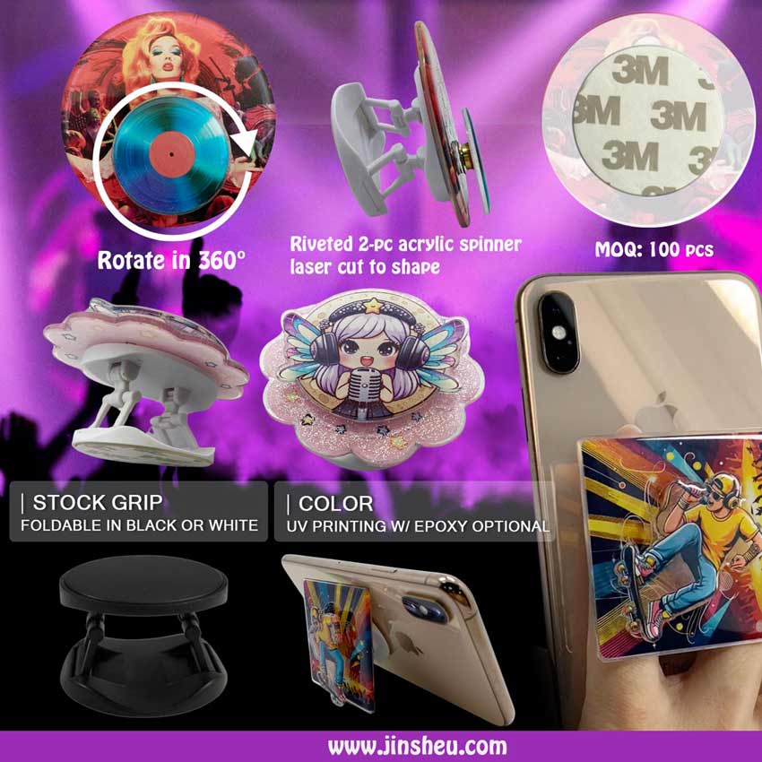 Specs of acrylic phone grip with a spinner