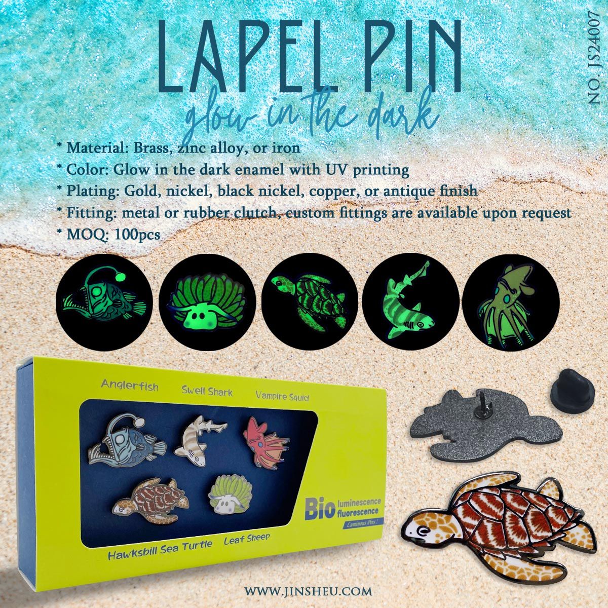 customized glowing in the dark sea creature metal lapel pins