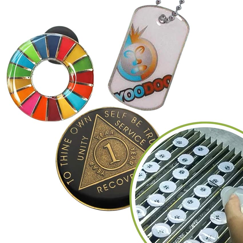 Epoxy coating for soft enamel or printed pins, coins, and tags