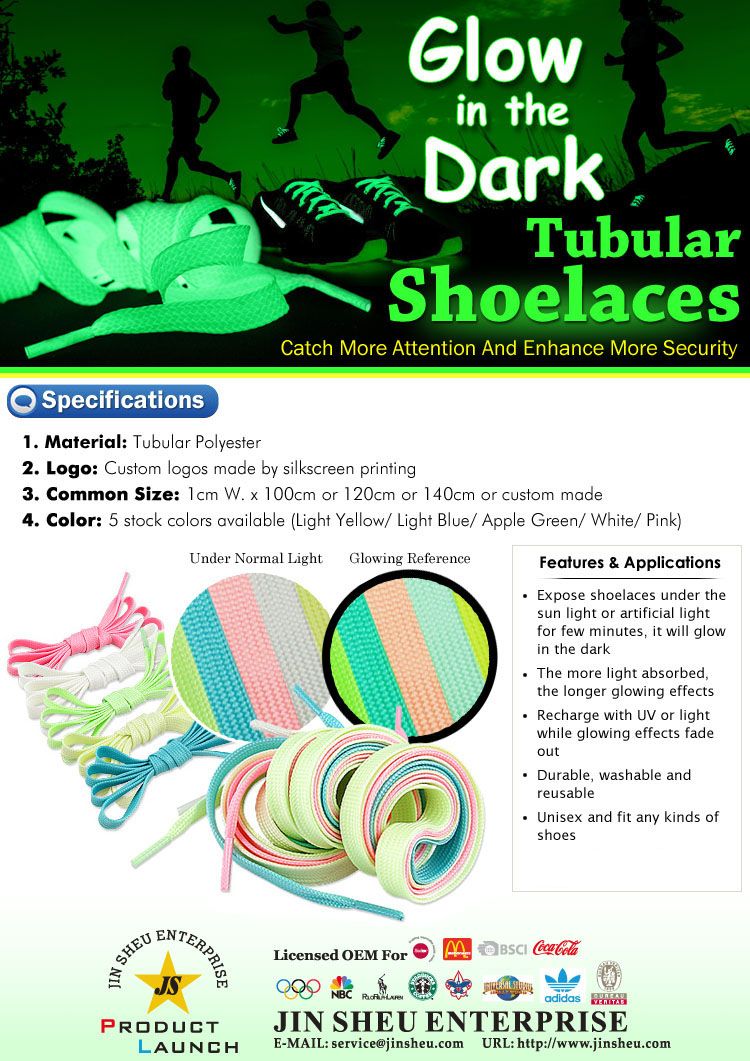 Glow in the dark tubular shoelaces catch more attention and enhance more security