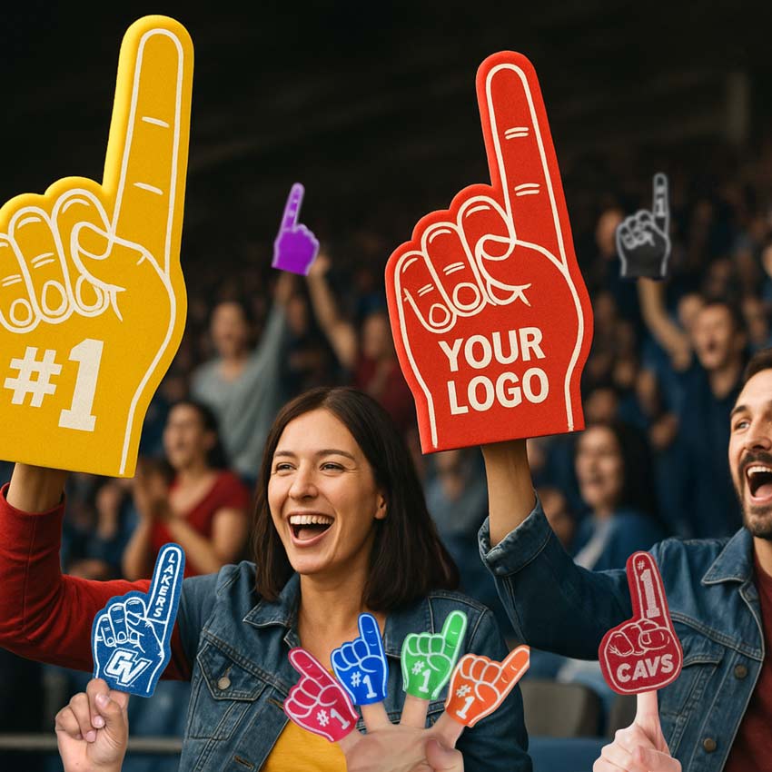 People holding large and mini foam hands at sports event