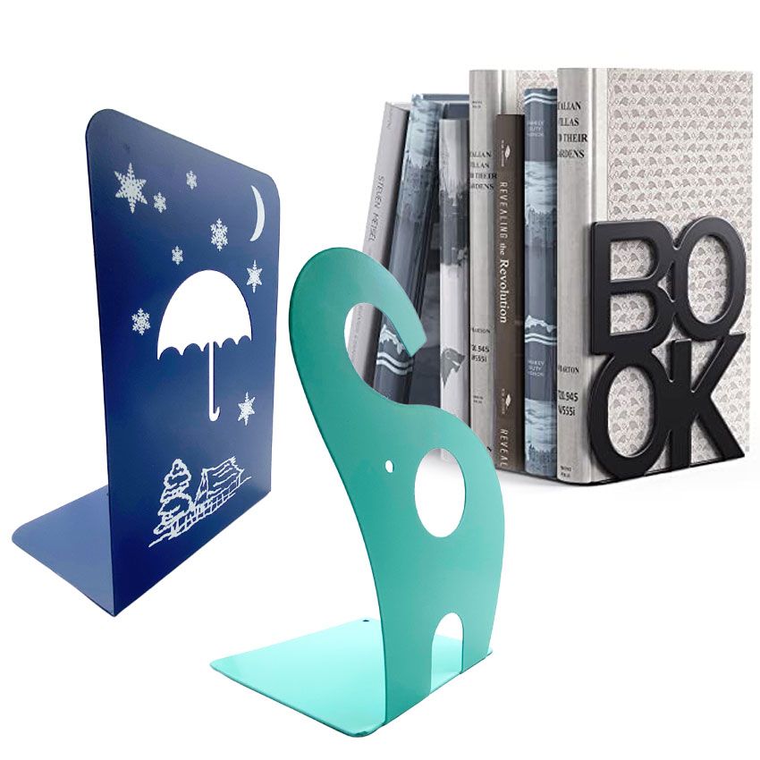 Hurtowe spersonalizowane metalowe podpórki do książek z logo sztuki na półkach