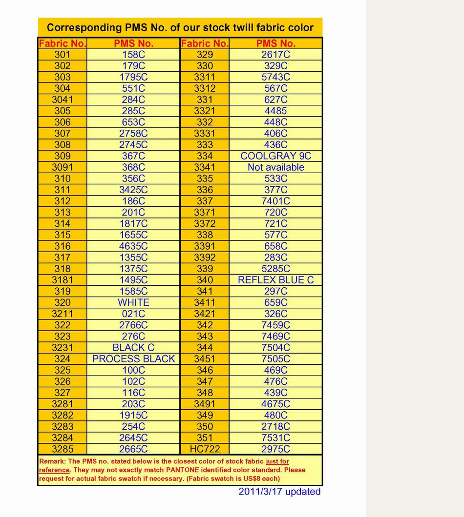 Fabric Color Chart | Custom Promotional Products & Corporate Gifts ...