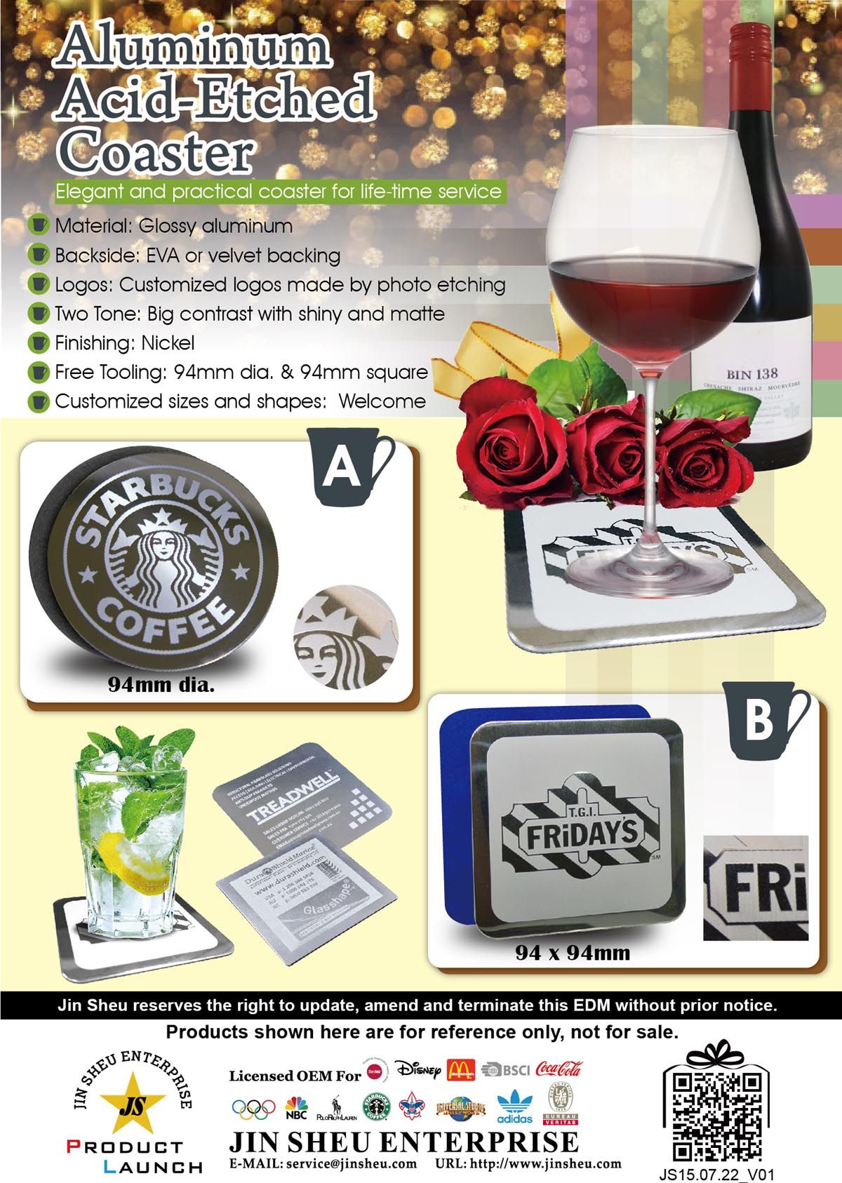 Customized high quality metal coasters, drink coasters and aluminum beer placemats.