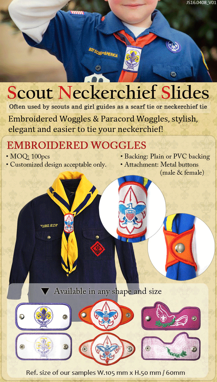 Embroidered woggles and paracord woggles for neckerchief